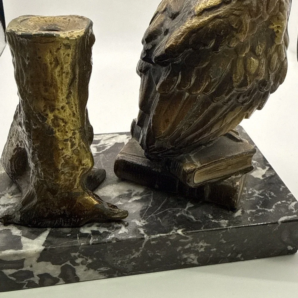 Antique Vienna Cold Painted Bronze Marble Owl Table Lighter Bergman Style
